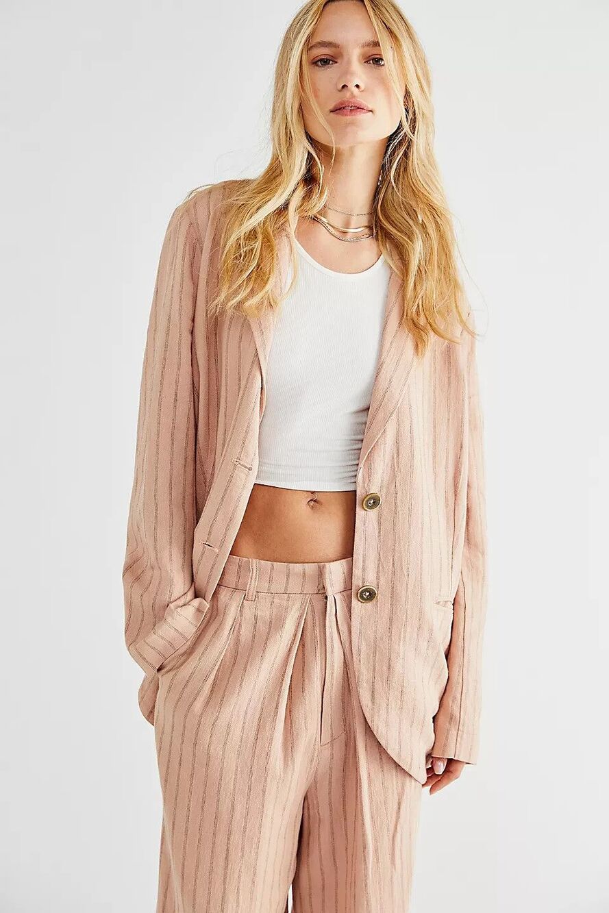 Free People womens Rose Stripe Linen Blend Oversized Blazer Jacket size XS